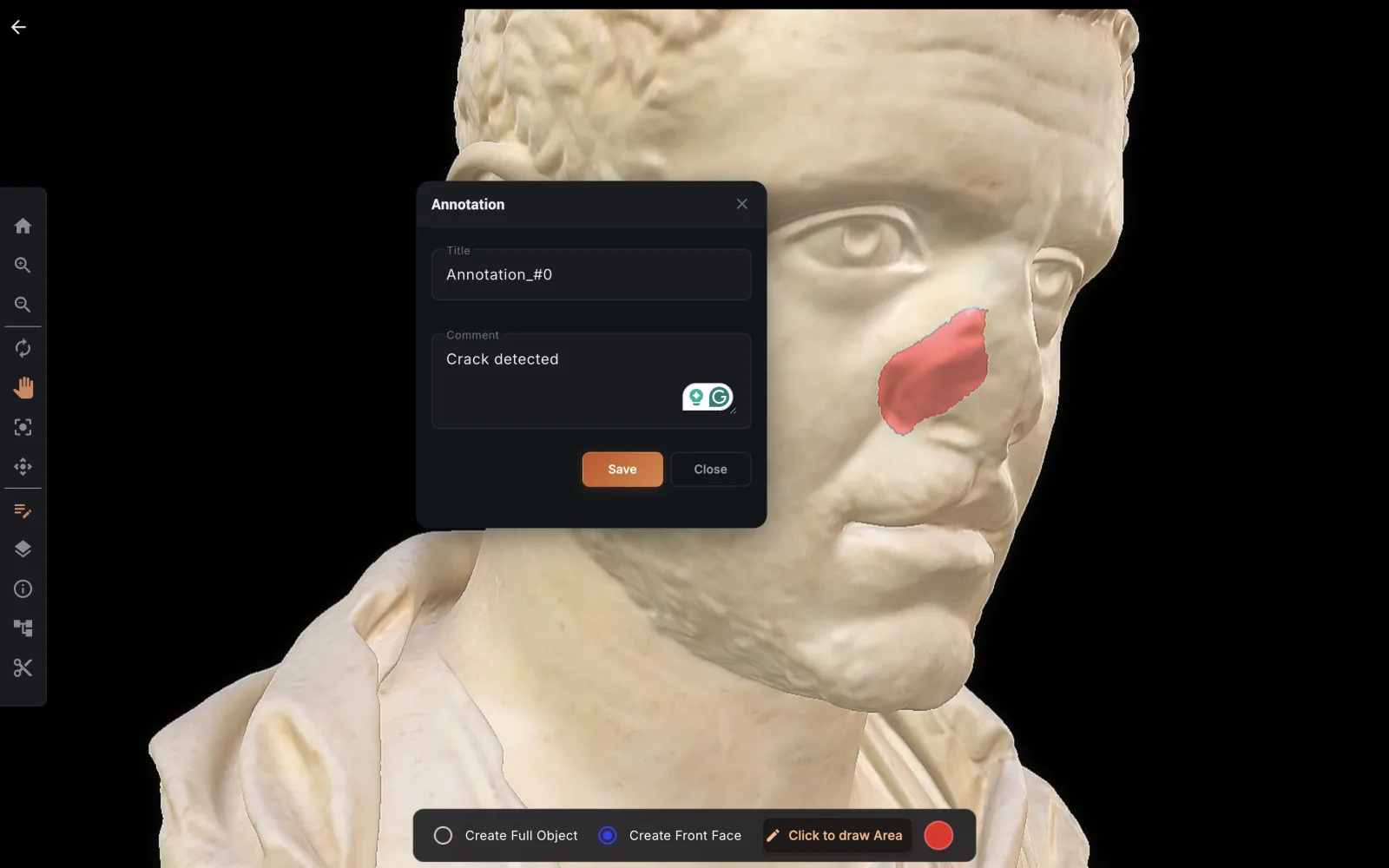 CARE: una grieta detectada y anotada en un busto de mármol en el visor en streaming