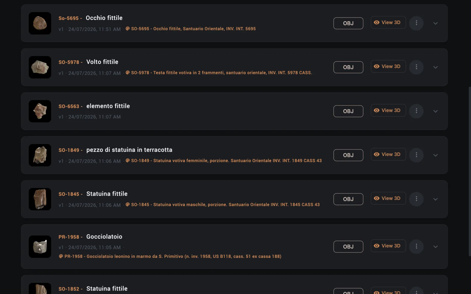 The collection catalog: every artwork with versions, formats and a one-click 3D viewer
