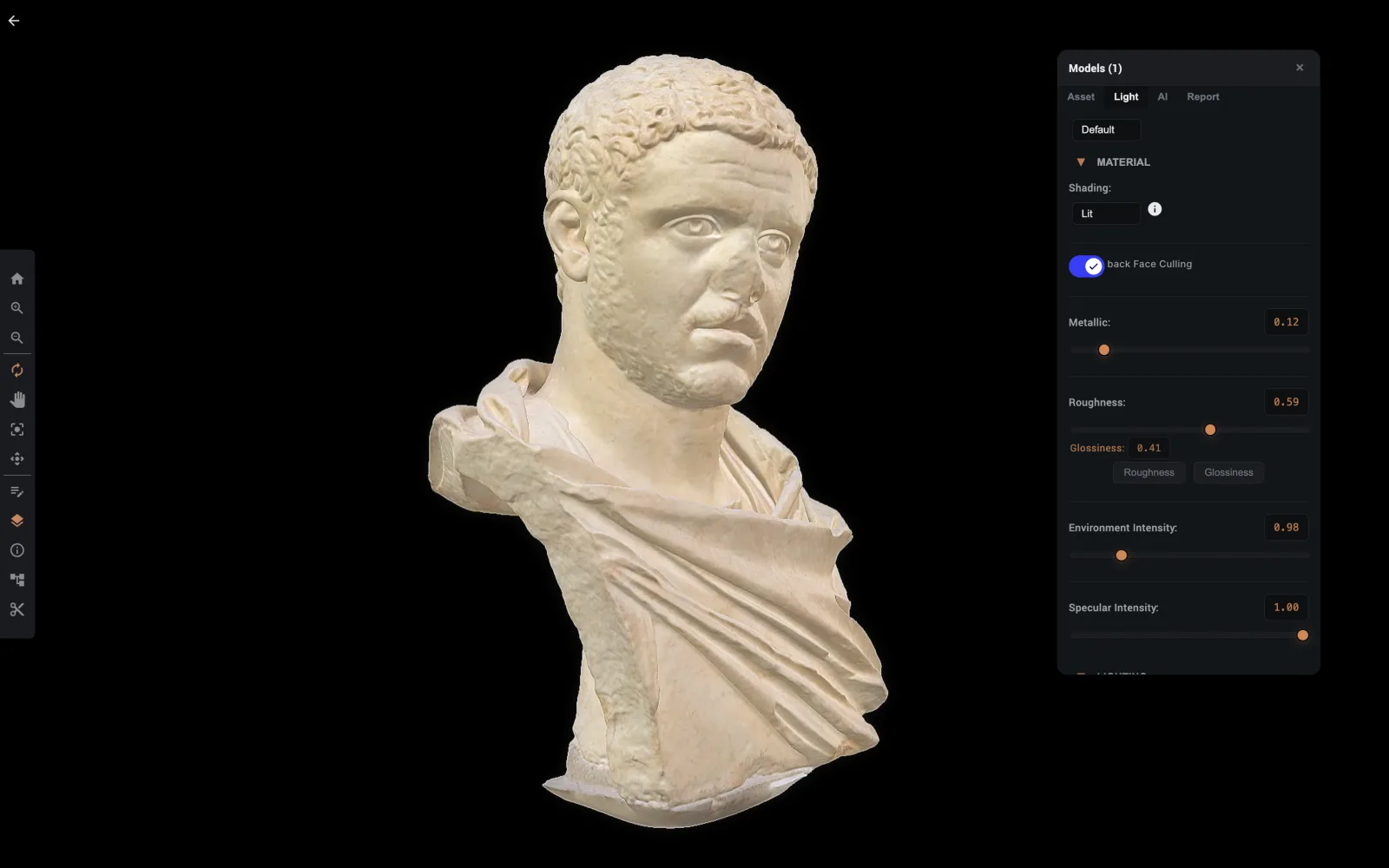 The streaming viewer: textured bust with light and material controls