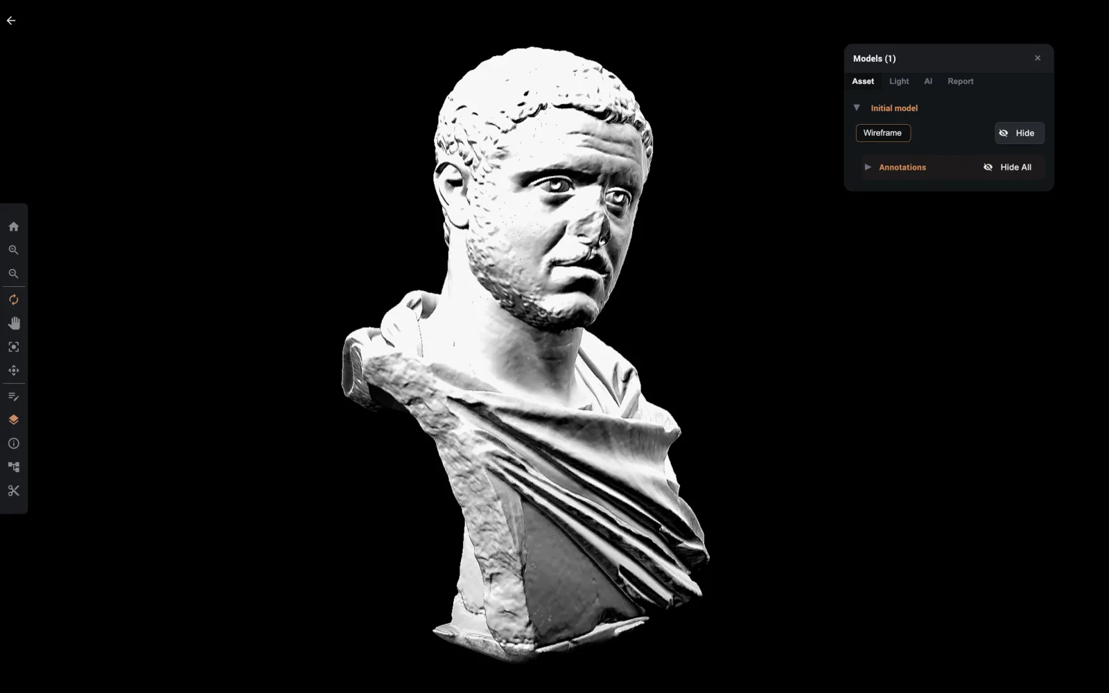 A marble bust in the streaming viewer, with model layers and annotations