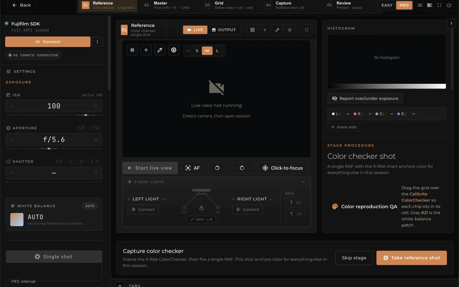 Pantalla de captura pro con exposición, histograma, luces de estudio y carta de color