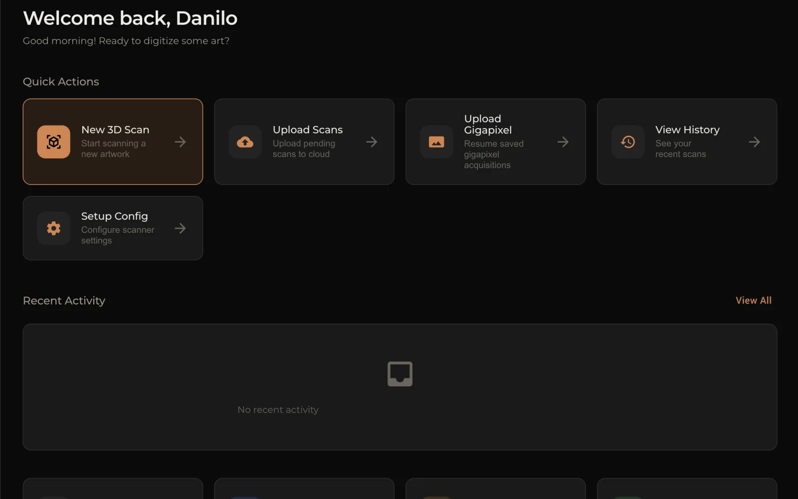 Panel de la field app con acciones rápidas: nuevo escaneo 3D, subida, historial