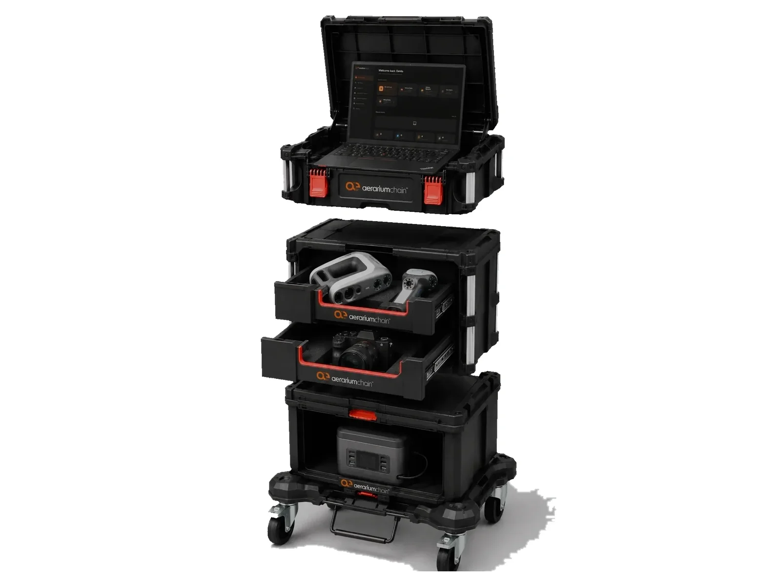 The AerariumChain kit open: field laptop, 3D scanners, camera and power in one cart