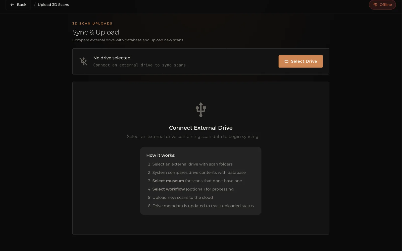 Sync y subida: comparación entre disco externo y base de datos, modo sin conexión