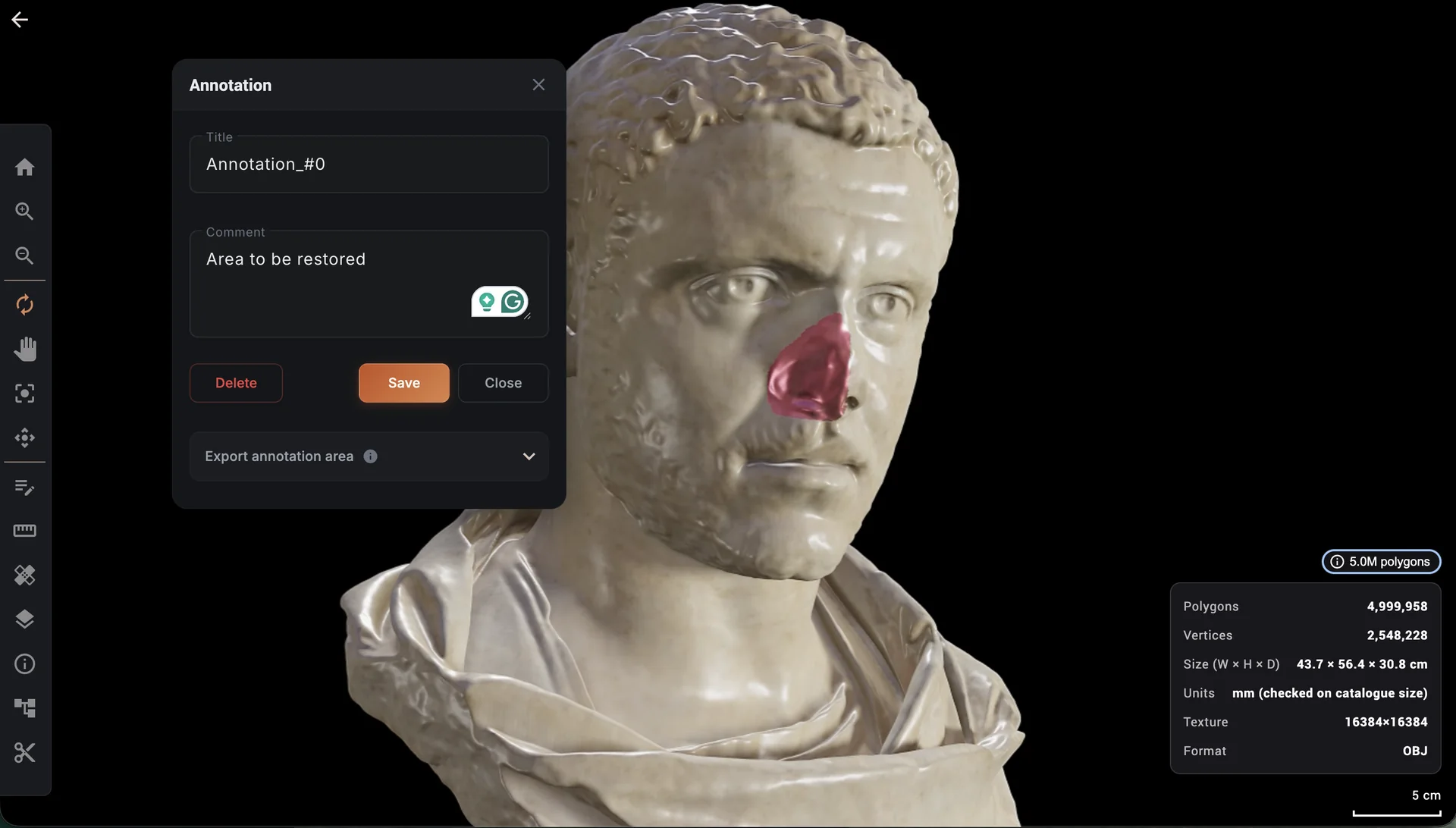 Der HUB-3D-Viewer: eine auf der Oberfläche eines Modells mit fünf Millionen Polygonen gezeichnete Annotation, mit dem an den Bereich angehängten Kommentar und den Modelldaten zur Hand
